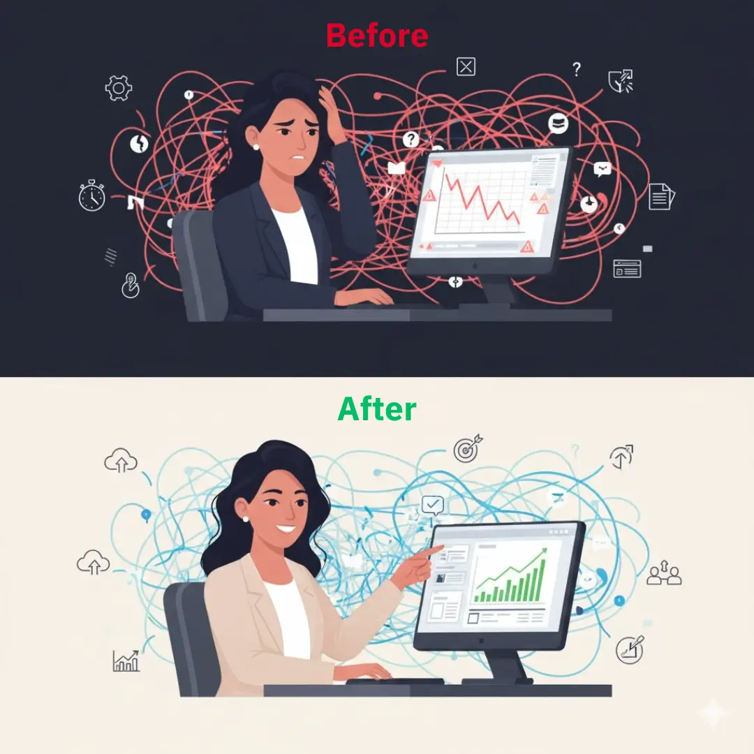 Before and After: Stressed business owner in digital chaos vs. confident success achieved through a Zia Infotech digital transformation solution.